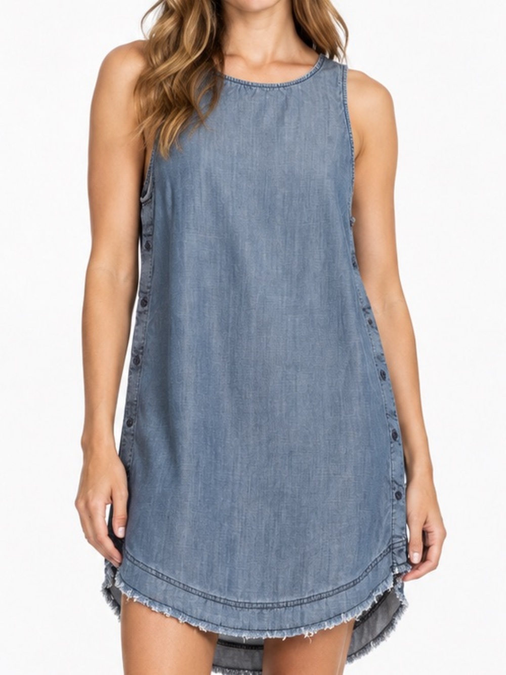 Laju Los Angeles Women’s Large Blue Tencel Chambray Sleeveless Button Side Dress